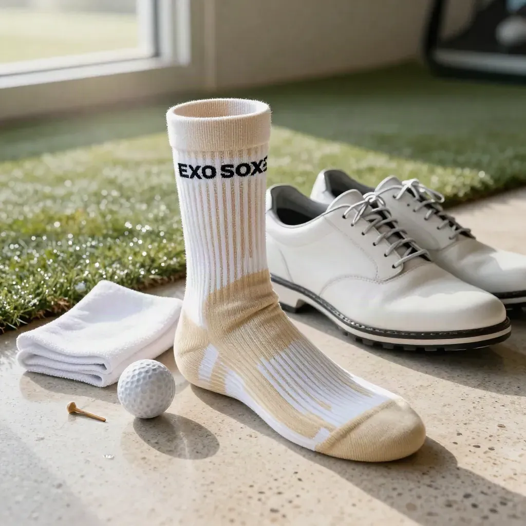 Golf crew socks with golf shoe, ball and cloth on travertine in soft studio light.