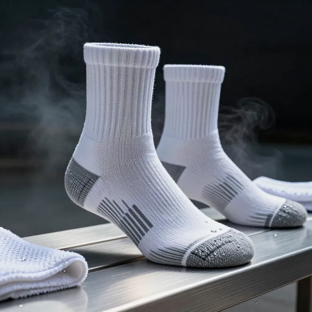 Macro of Run Lite Crew Socks on a brushed aluminum bench with a shoe heel and cooling towel edge