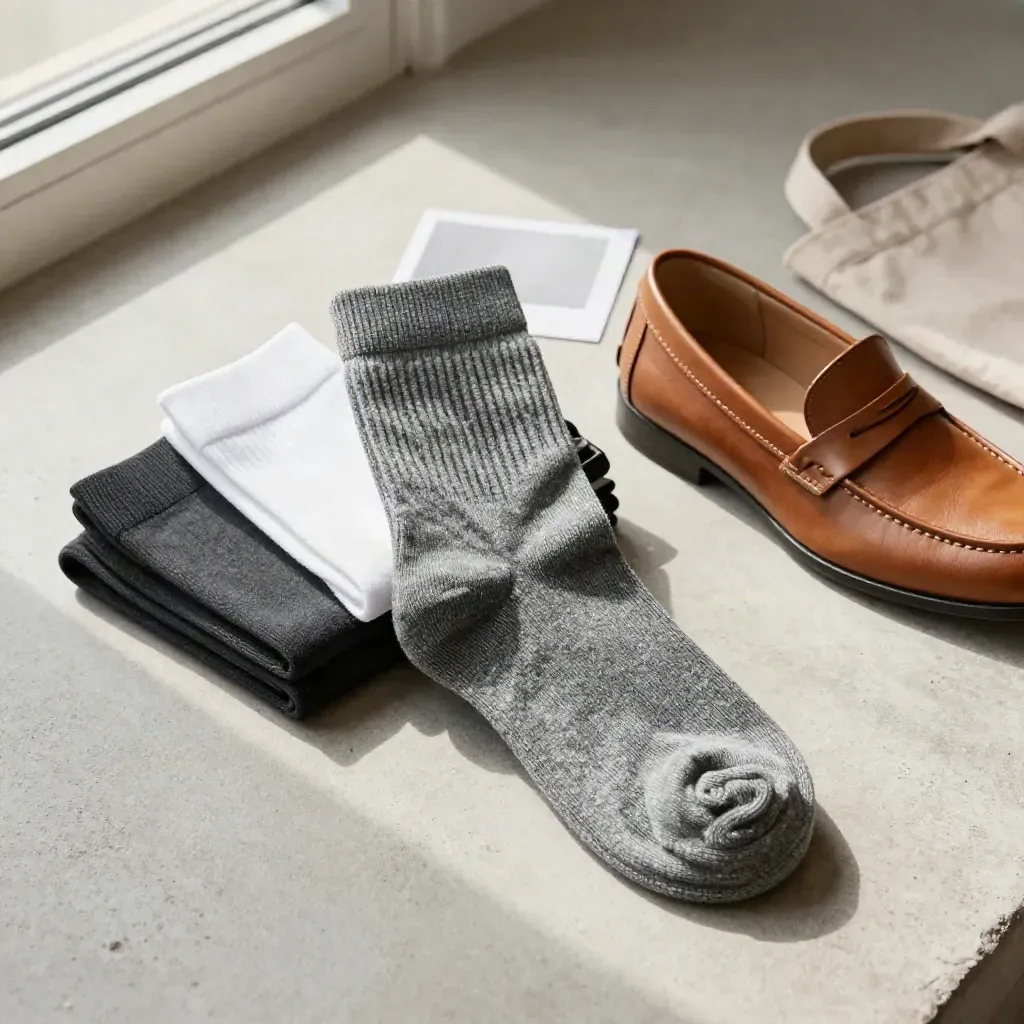 Overhead crew sock flat lay with loafer, trouser cuff, and tote strap on pale concrete.