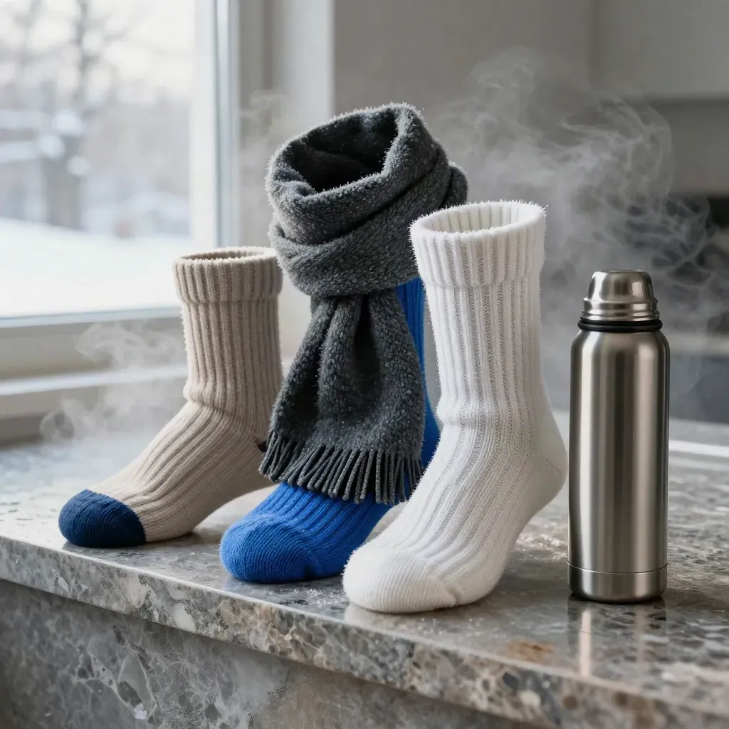Crew socks bundle with scarf and thermos on stone, lit by cool rim light and winter haze.