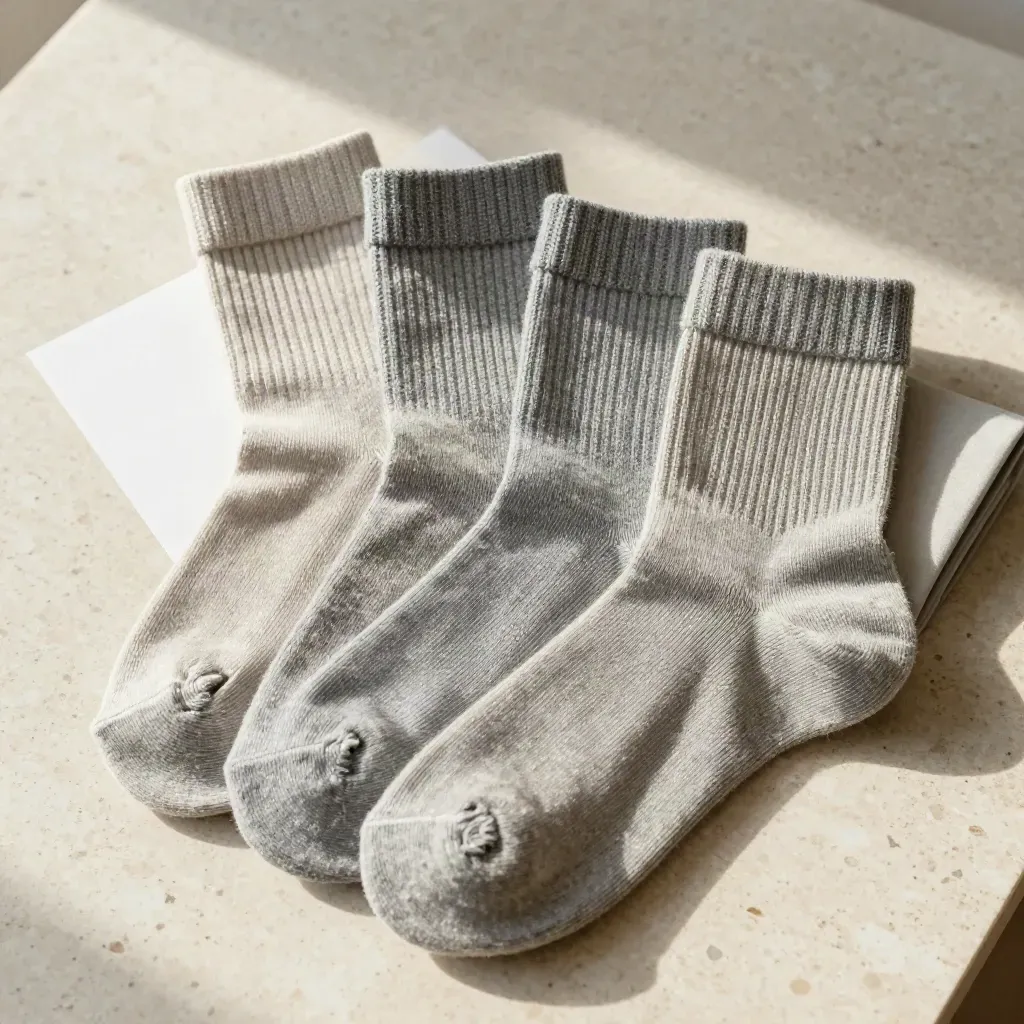 Four marl quarter crew sock pairs fanned on travertine with soft shadows