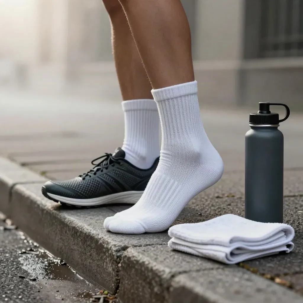 Charcoal crew socks beside a road shoe, towel, and bottle on a misty training curb.