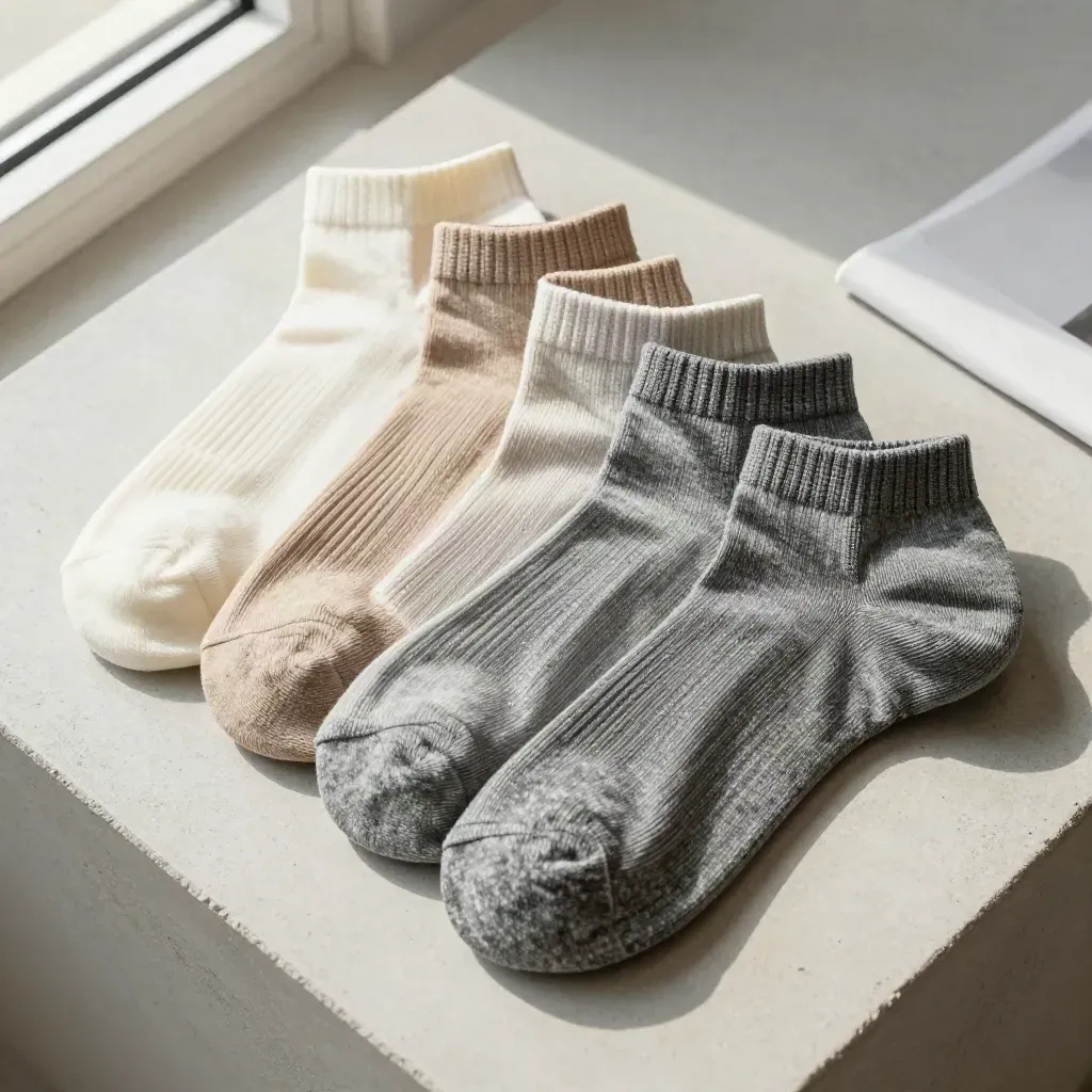 Top-down flatlay of five ankle sock pairs fanned on pale concrete with crisp soft shadows.