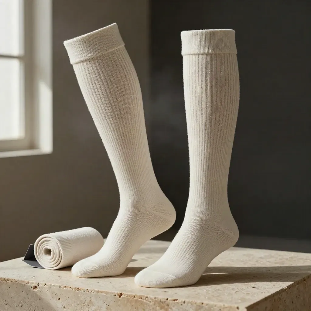 Macro of a wide calf compression sock roll with ribbed stretch on a limestone plinth.