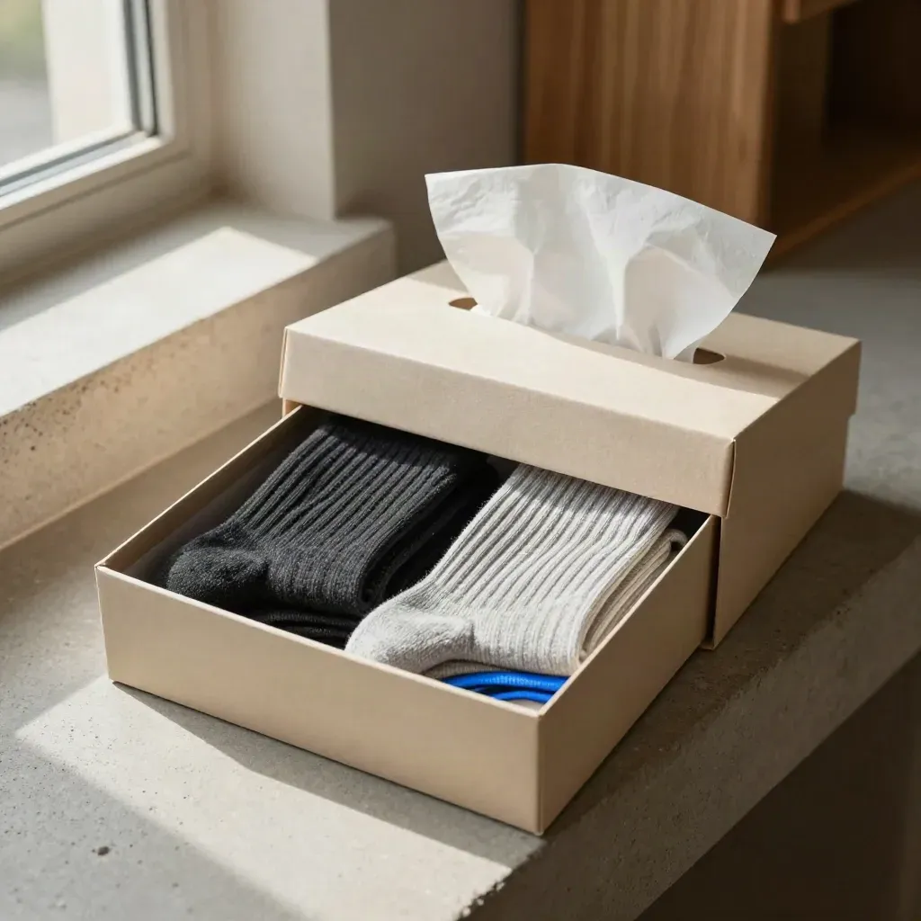 Open sock gift box with tissue and folded crew pairs on a stone bench, softly lit.