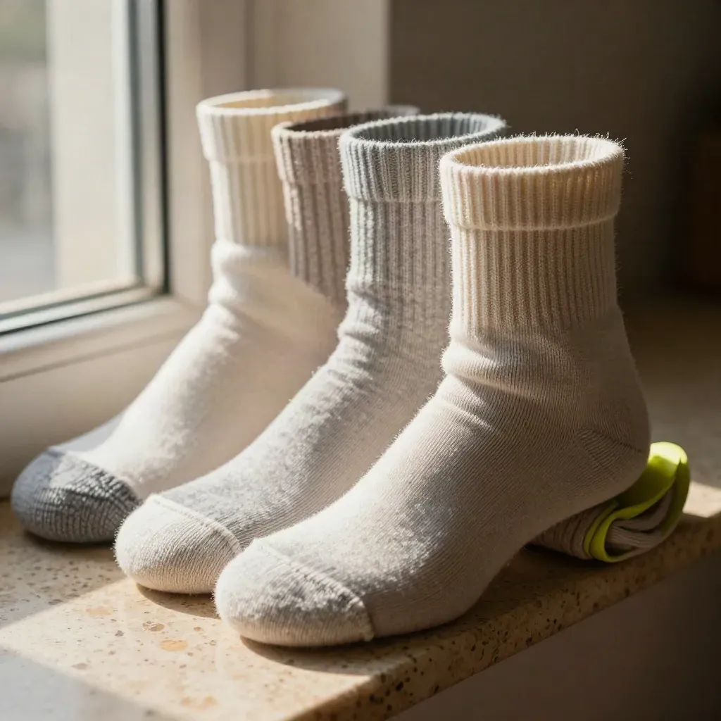 Macro of a four-pack women’s ankle and crew sock bundle on stone with one sneaker heel
