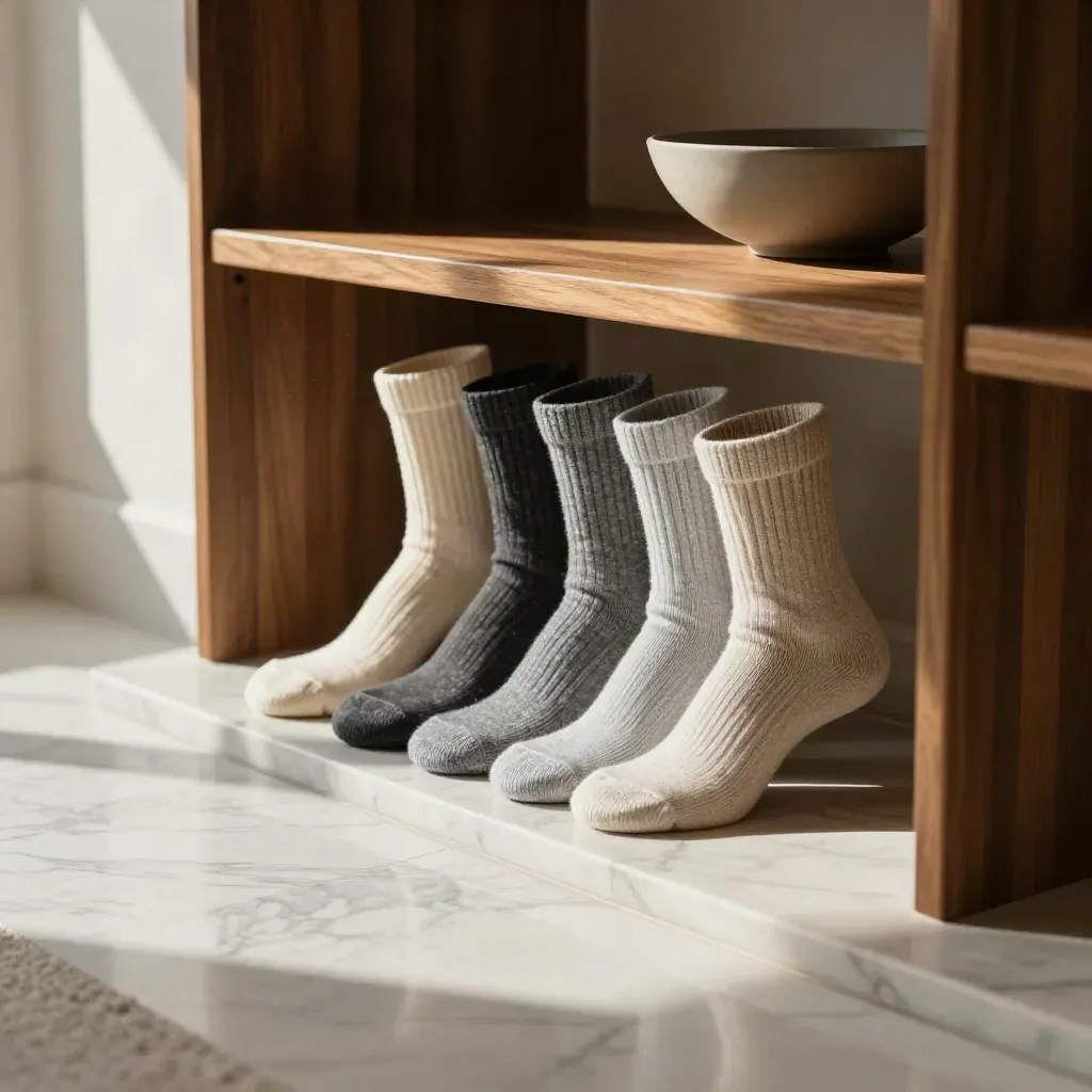 Sunlit marble entry hall with folded crew socks on a walnut console and ceramic bowl