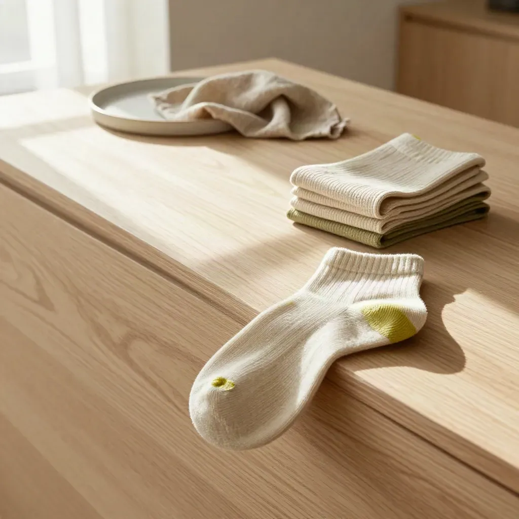 Pale oak surface with a ceramic tray and folded ankle socks, sunlit and airy, with calm copy space below.