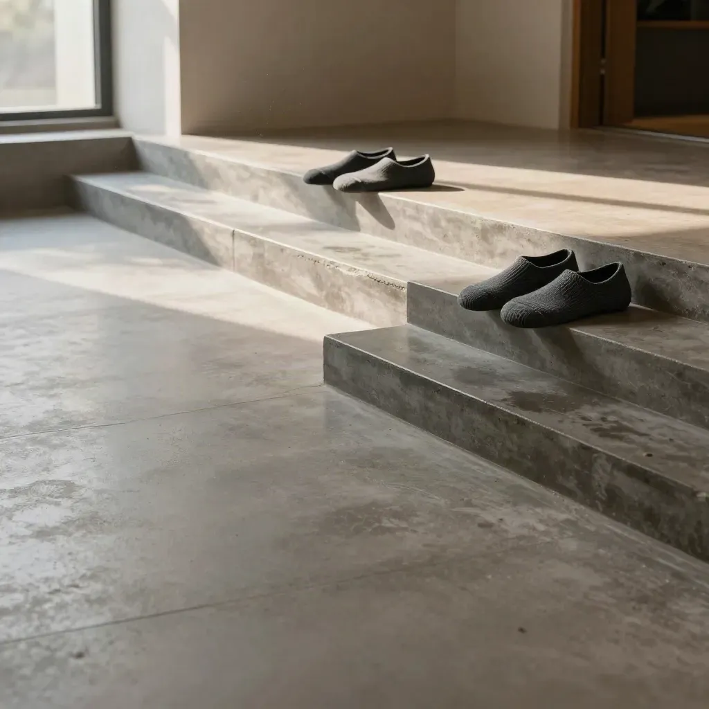 Rain-dark concrete stairs and a small no-show sock stack in morning light