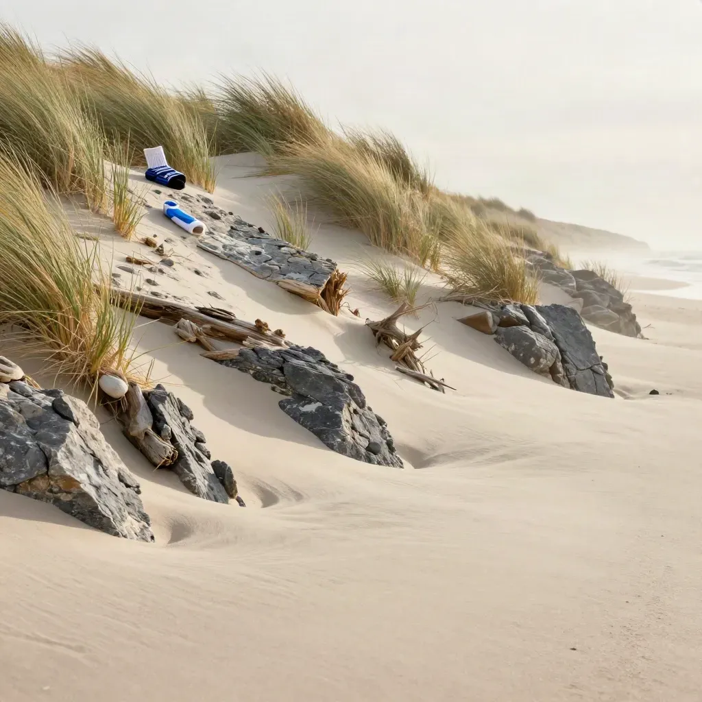 Coastal rocks and dune grass with a sock stack near the top ridge in a misty wide vista.