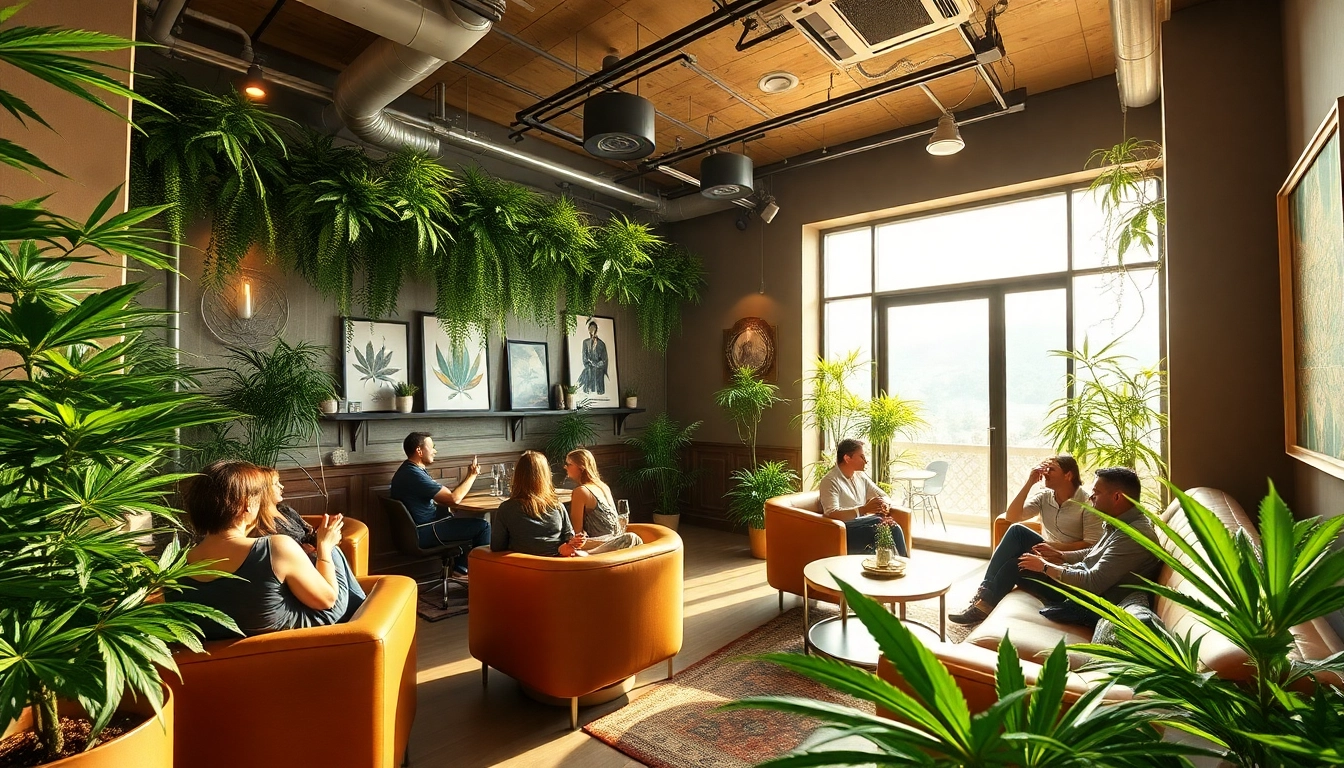 People socializing at The Corner Cannabis Club Madrid in a vibrant and welcoming lounge setting.