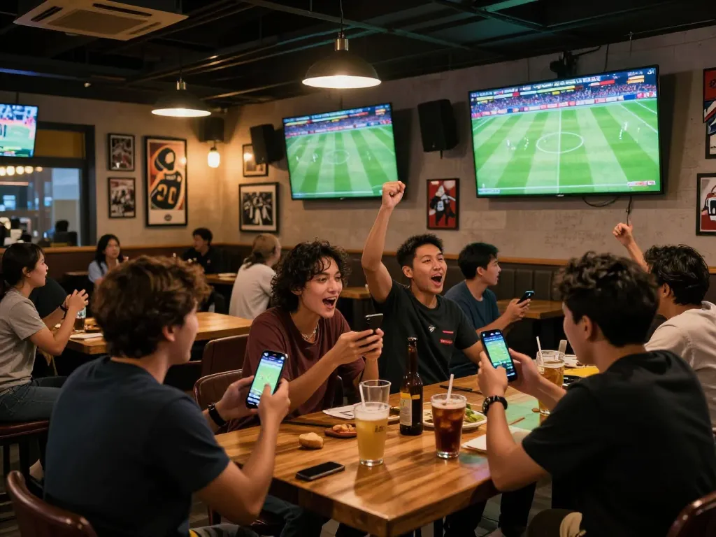 Fans cheering while watching trực tiếp bóng đá hôm nay on multiple screens in a lively sports bar setting.