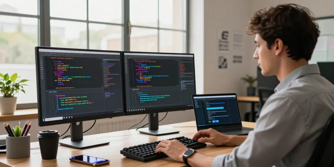 Paper airplane technology workspace showcasing a developer coding at dual monitors, illustrating 纸飞机官网 innovation.
