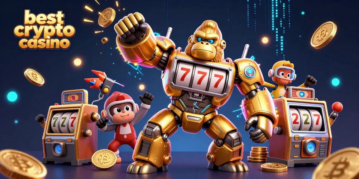 Meilleur casino crypto illustré par un gorille mech d'or et des pièces de monnaie, promouvant des jeux passionnants.