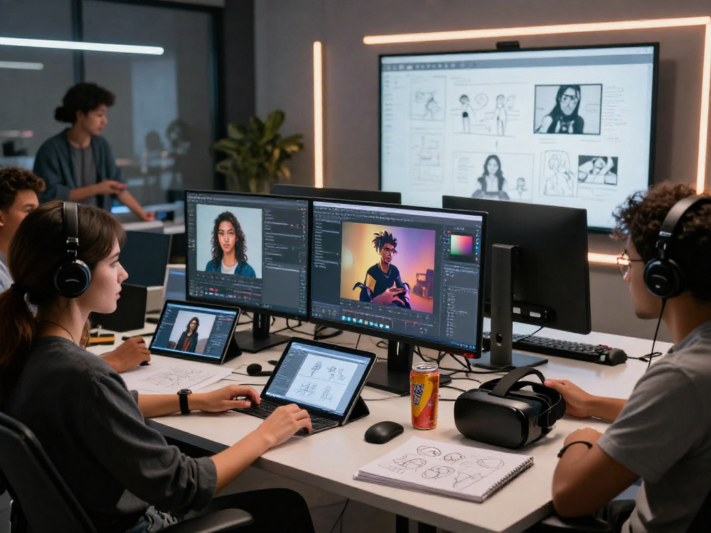 Creators designing AI porn content in a modern digital studio, showcasing collaboration and technology.