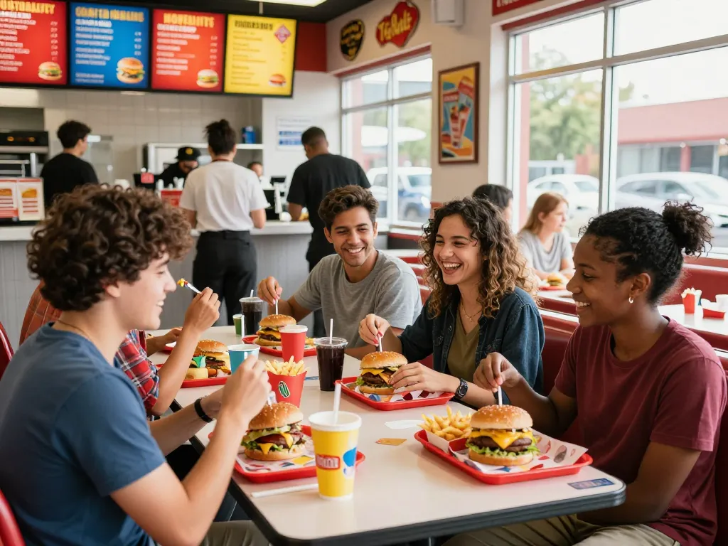 Diverse friends enjoying fast food prices at a busy restaurant with colorful meals