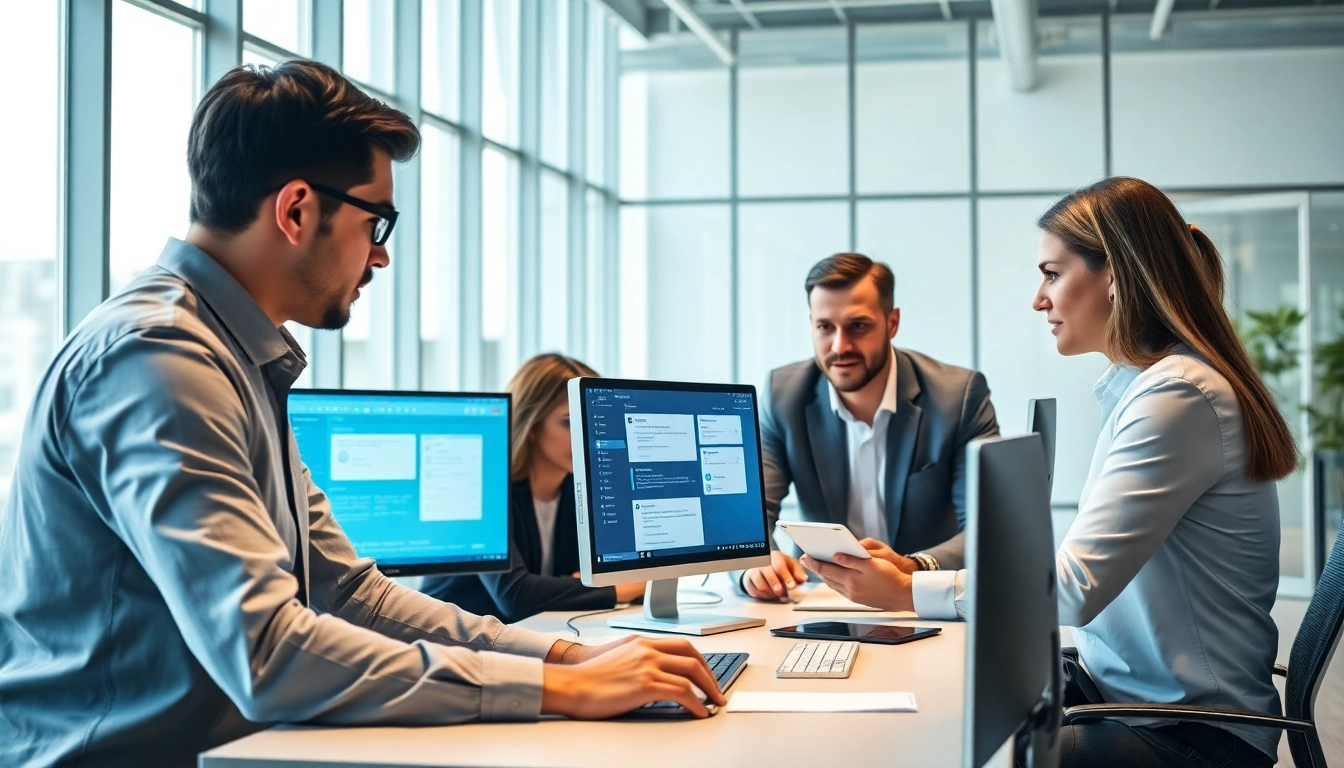 Email Security & Archiving team reviewing cybersecurity measures in a modern office setting.