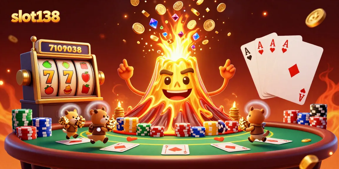 Experience the thrill of slot138 as golden volcanoes erupt with treasures amidst vibrant casino excitement.