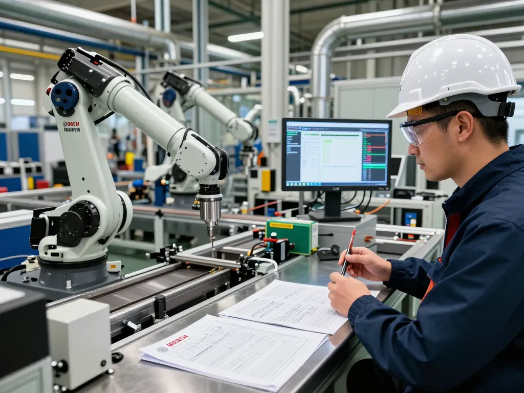 Bosch Rexroth machinery being inspected by an engineer in a modern industrial workspace.