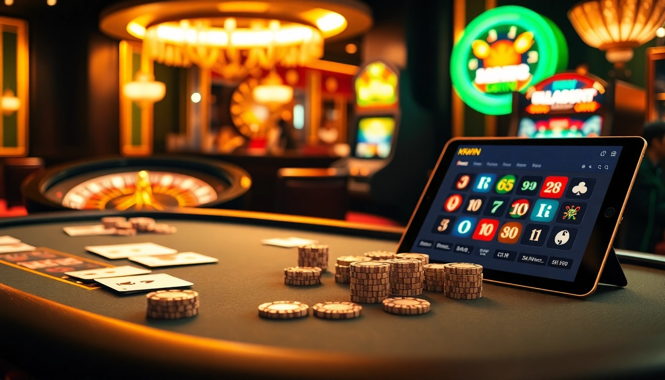 The online gambling experience at nhà cái kkwin unfolds at a luxurious casino table filled with poker chips and cards.