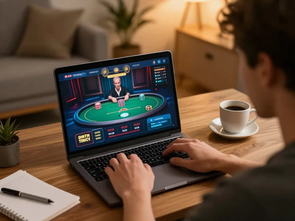 Luck8 online gaming setup with player engaged in live poker action at home