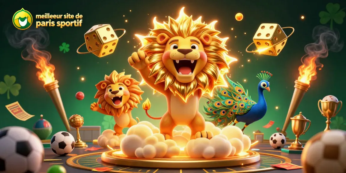 Illustration dynamique présentant le meilleur site de paris sportif avec un lion à la crinière flamboyante et des éléments de paris sportifs.