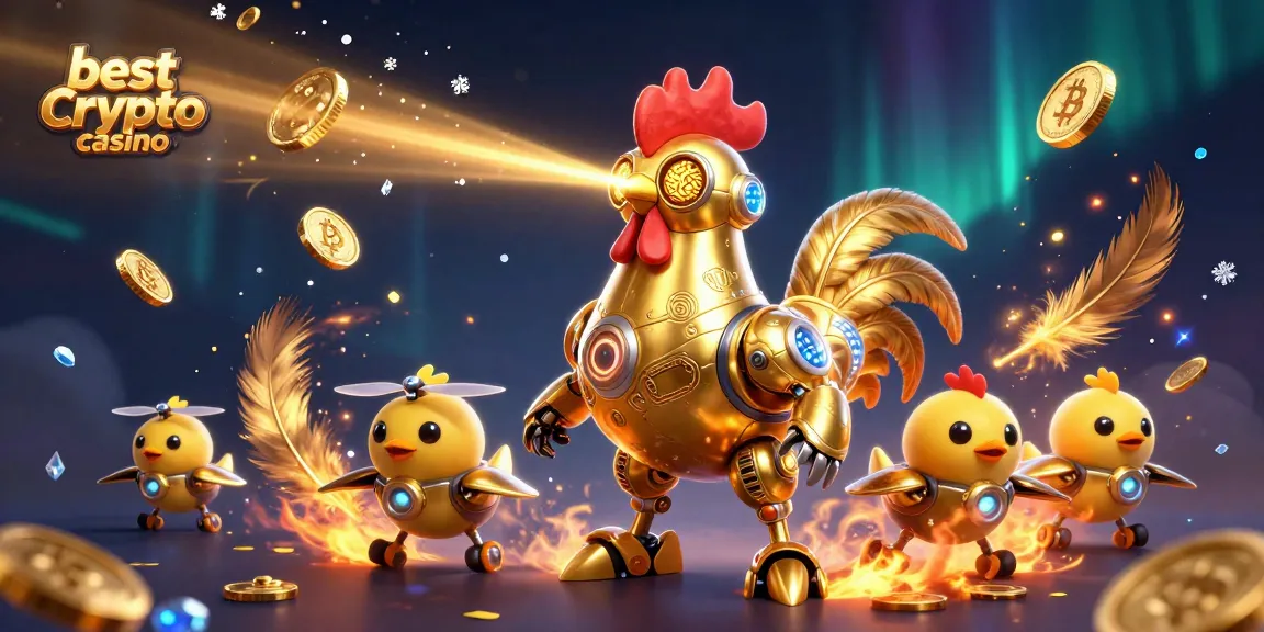 Meilleur casino crypto : illustration dynamique de jeu avec un robot coq doré et drones, éléments de blockchain et jetons.