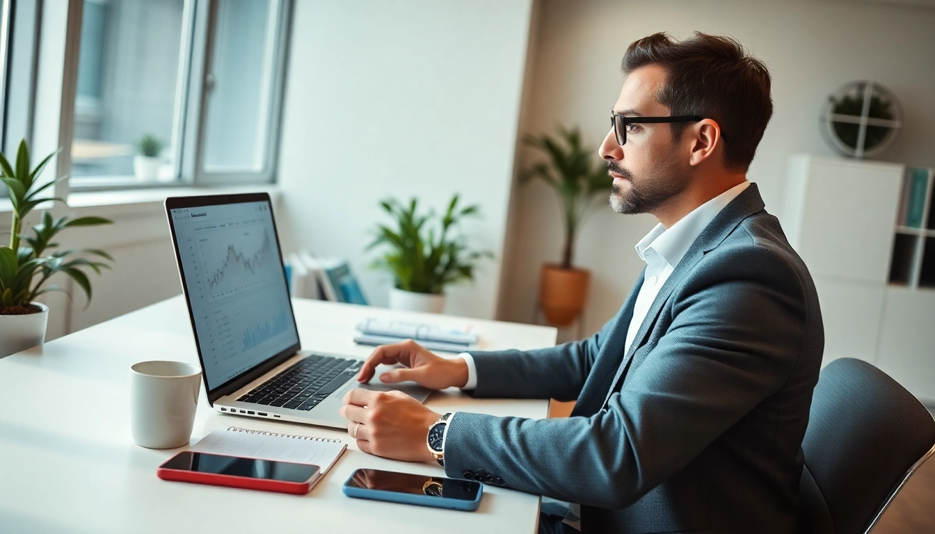 Financial expert analyzing charts and graphs at a modern office, symbolizing BOX138 investment opportunities.