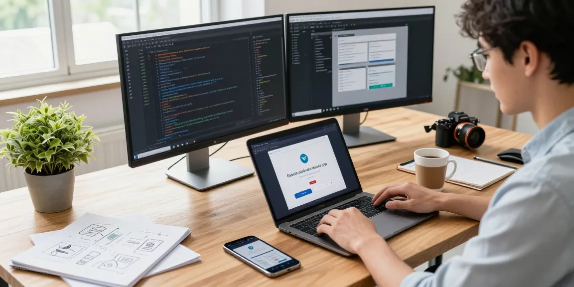 Young professional downloading 纸飞机下载 app in a modern tech workspace, engaging with multiple devices.