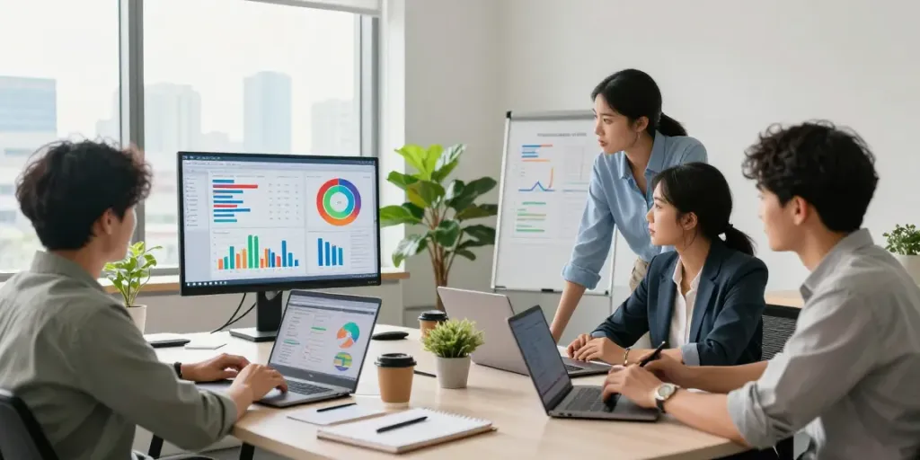 PPC management service collaboration in a digital marketing office with diverse professionals analyzing campaign performance.