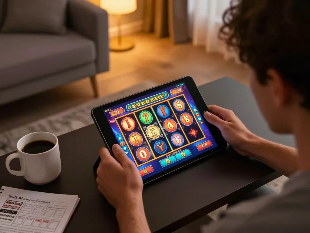 Engaging with vibrant slot games on a tablet, exploring situs gacor from home in a cozy setup.