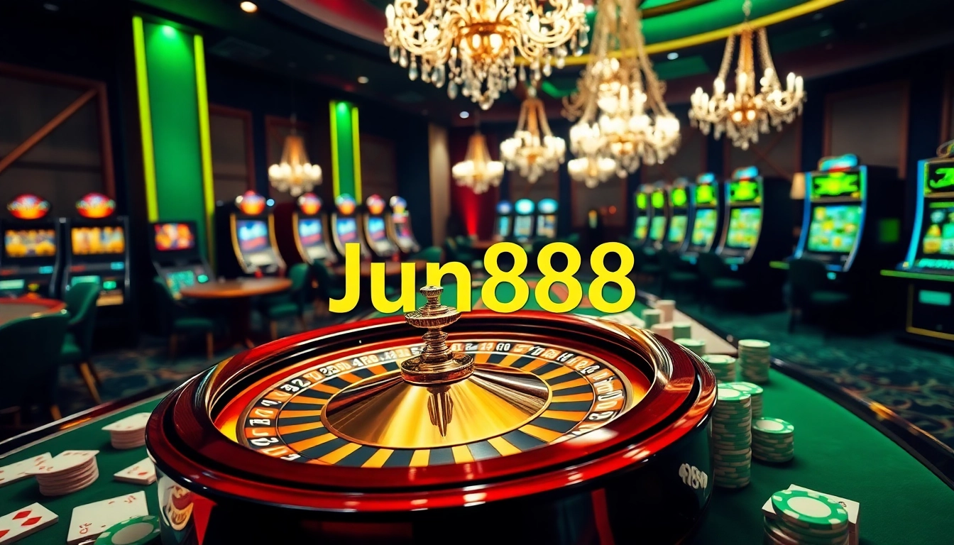 Exciting gaming scene at Jun888 casino with roulette wheel, poker chips, and slot machines.