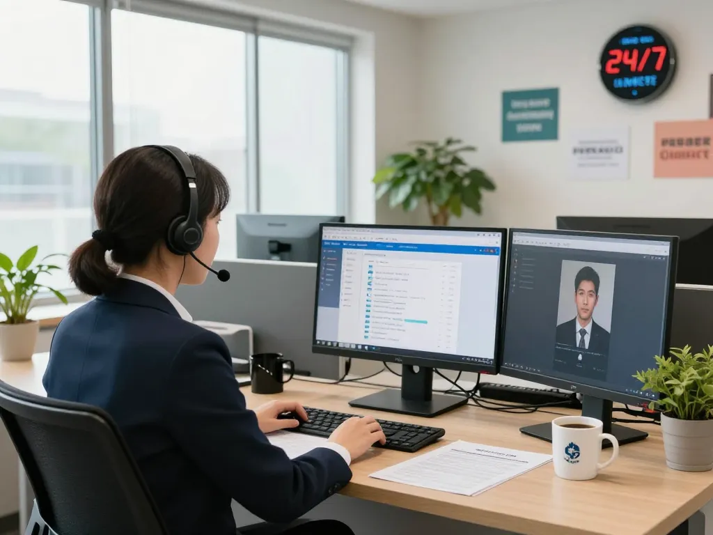 현대적인 작업 공간을 보여주는 폰테크 나라 서비스 센터에서 고객을 돕는 컨설턴트.