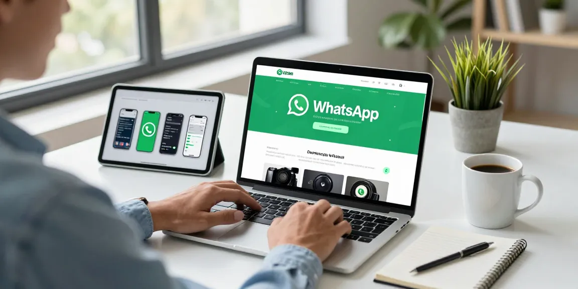 Person downloading WhatsApp下載 on laptop in a modern tech workspace.