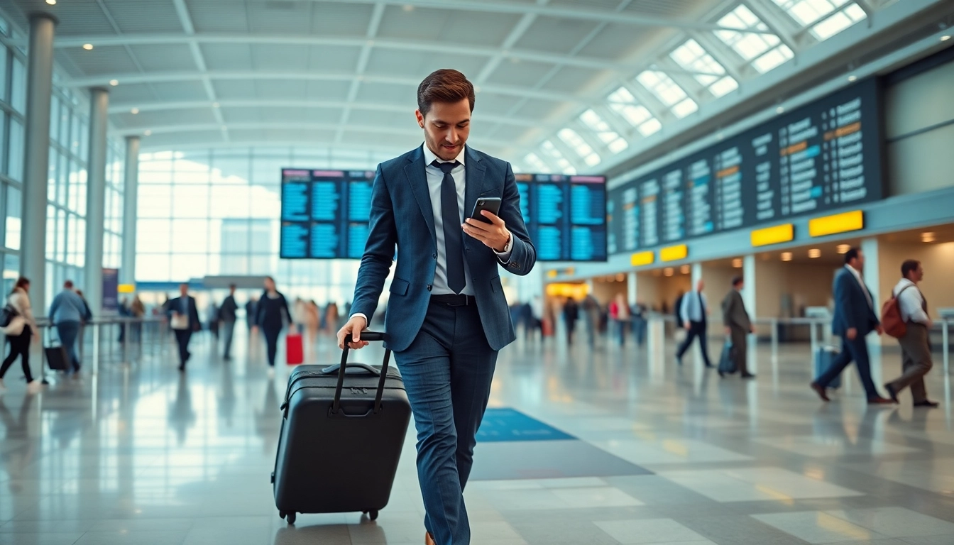 Business traveler with a suitcase and smartphone navigating through an airport, embodying 출장.