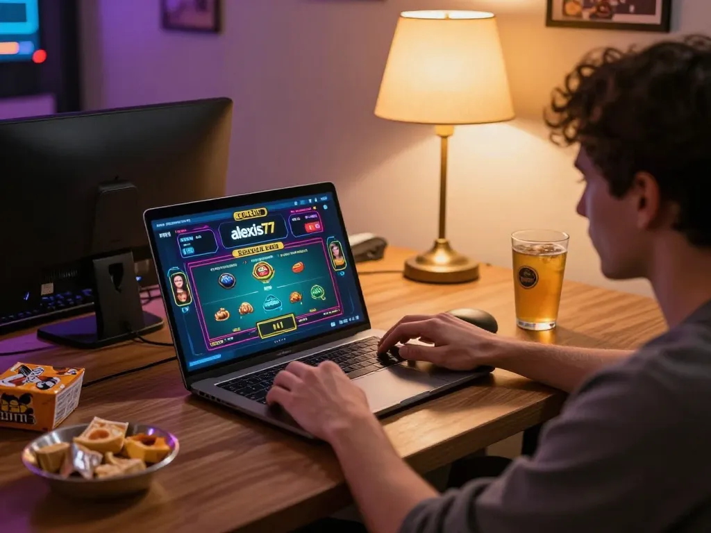 Player enjoying online games on alexis77 platform with laptop in cozy setting