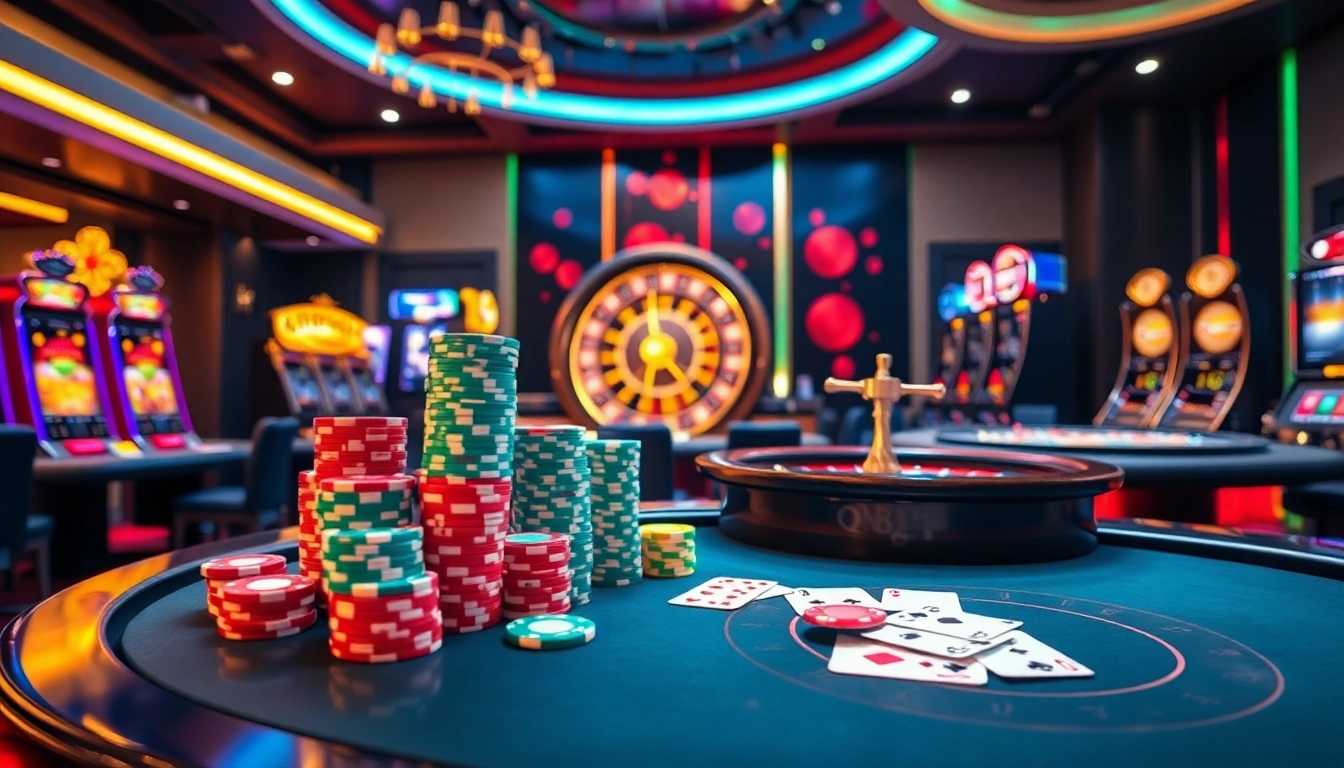 Experience the excitement of Nhà cái QQ88 with vibrant gambling tables and lively casino elements.