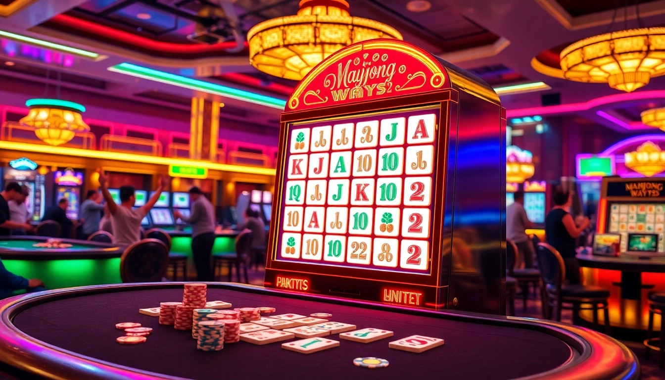 Intense gaming session at Mahjong Ways 2 slot machine, showcasing vibrant colors and casino excitement.