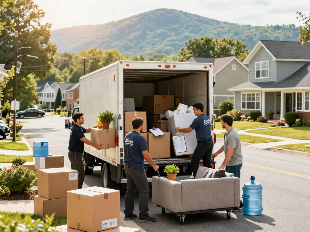 Professional Asheville moving company loading a truck with boxes and furniture in a scenic neighborhood.