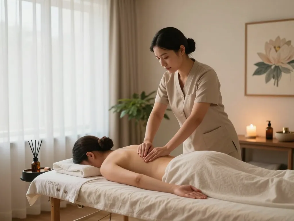 마포스웨디시 massage therapy scene with serene ambiance and therapist.