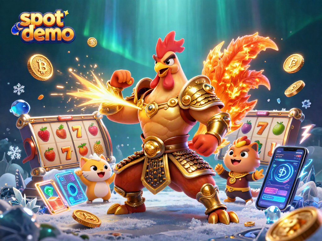 Experience the excitement of the slot demo with vibrant characters, jackpot symbols, and cryptocurrency elements.