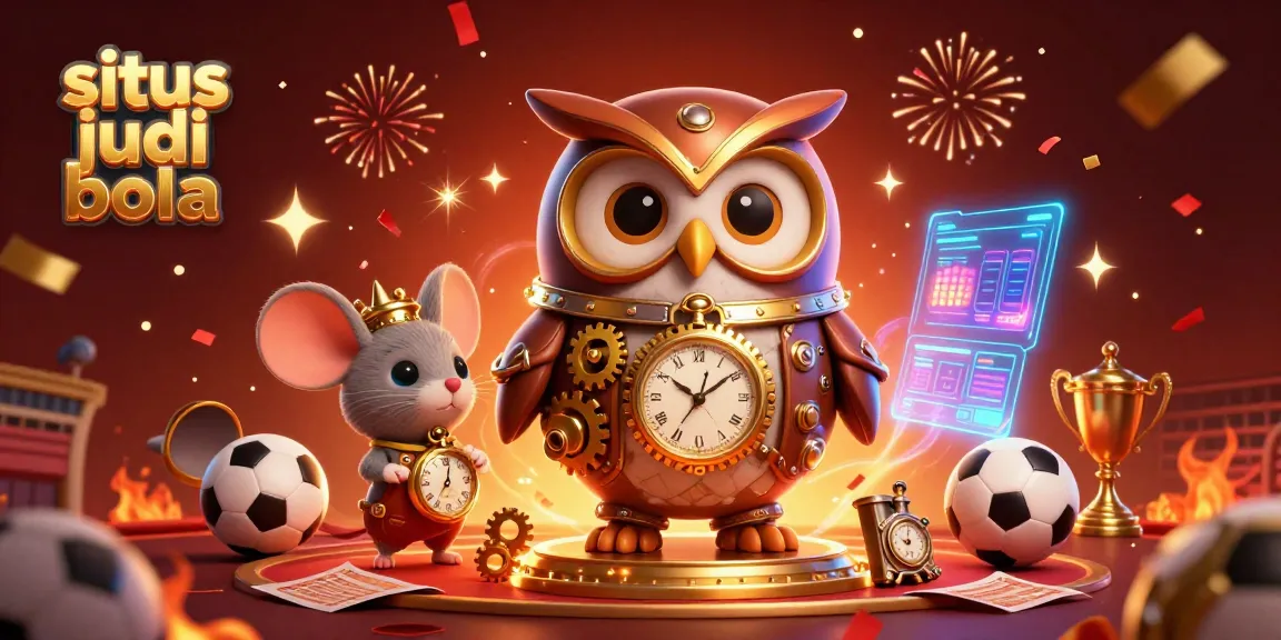 Situs judi bola illustration showcasing a time-traveling owl in steampunk gear amidst vibrant sports betting elements.