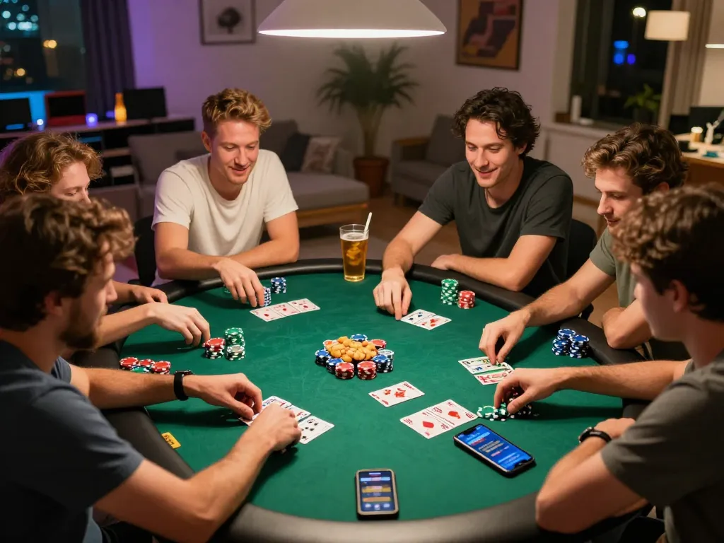 Friends enjoying a poker game at home, showcasing sunwin app on a smartphone for a friendly yet competitive gaming atmosphere.