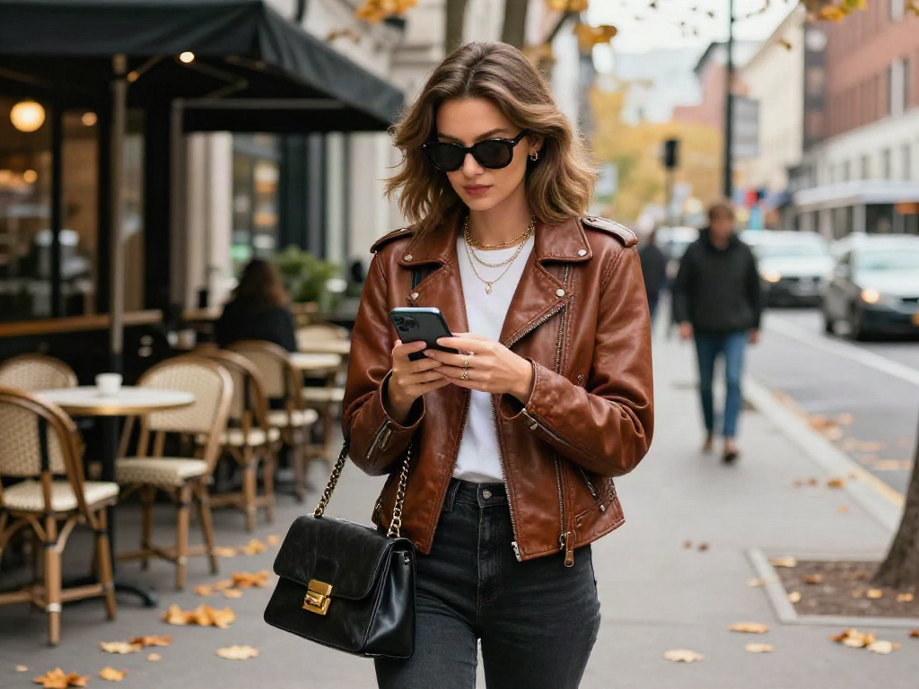 Fashionable woman in leather jackets for women checking her smartphone on a lively city street.