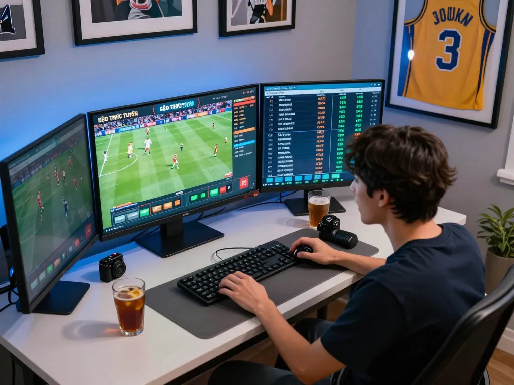 KÈO TRỰC TUYẾN showcases a vibrant sports betting setup at home with screens displaying live odds and events.