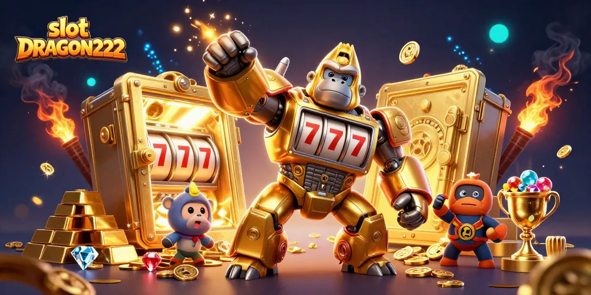 Experience the excitement of slot DRAGON222 with a dynamic 3D illustration featuring immersive gaming elements.