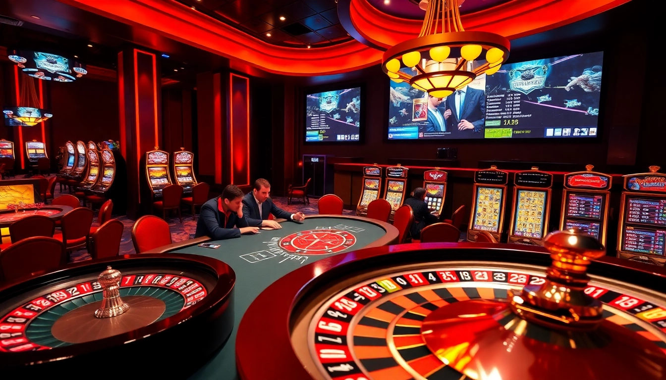 Experience thrilling Trực tiếp esports action at a vibrant casino with poker, roulette, and live gaming screens.