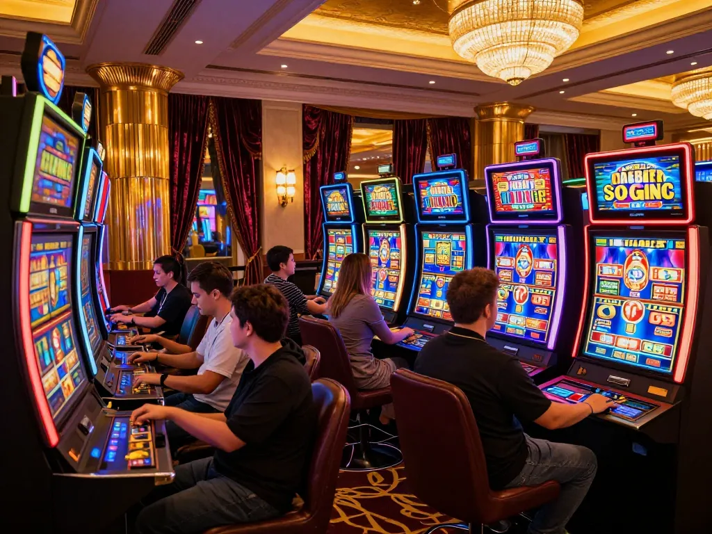 Engaged players enjoying slot88 games at a vibrant casino, excitement building from spinning reels.