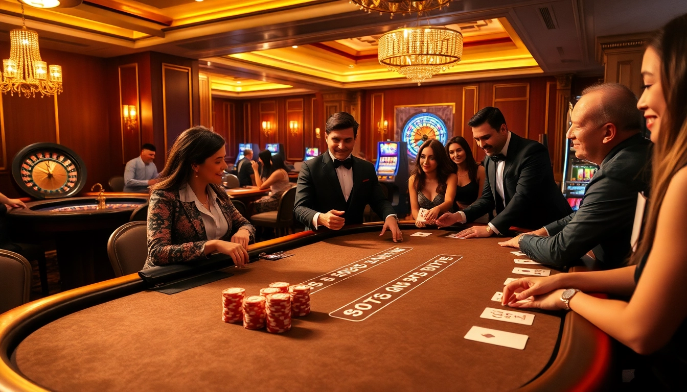 Exciting casino atmosphere showcasing NK88 poker gameplay with professional dealers and luxurious setup.