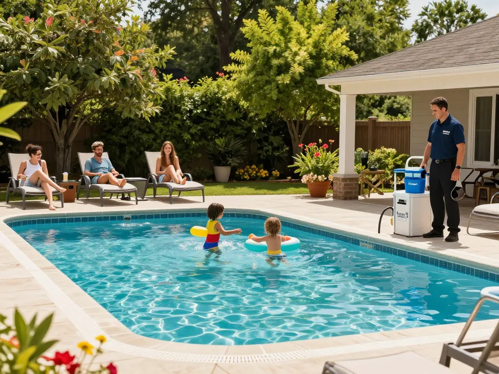Dolphin Pool Services family enjoying a sunlit swimming pool, showcasing community and care.